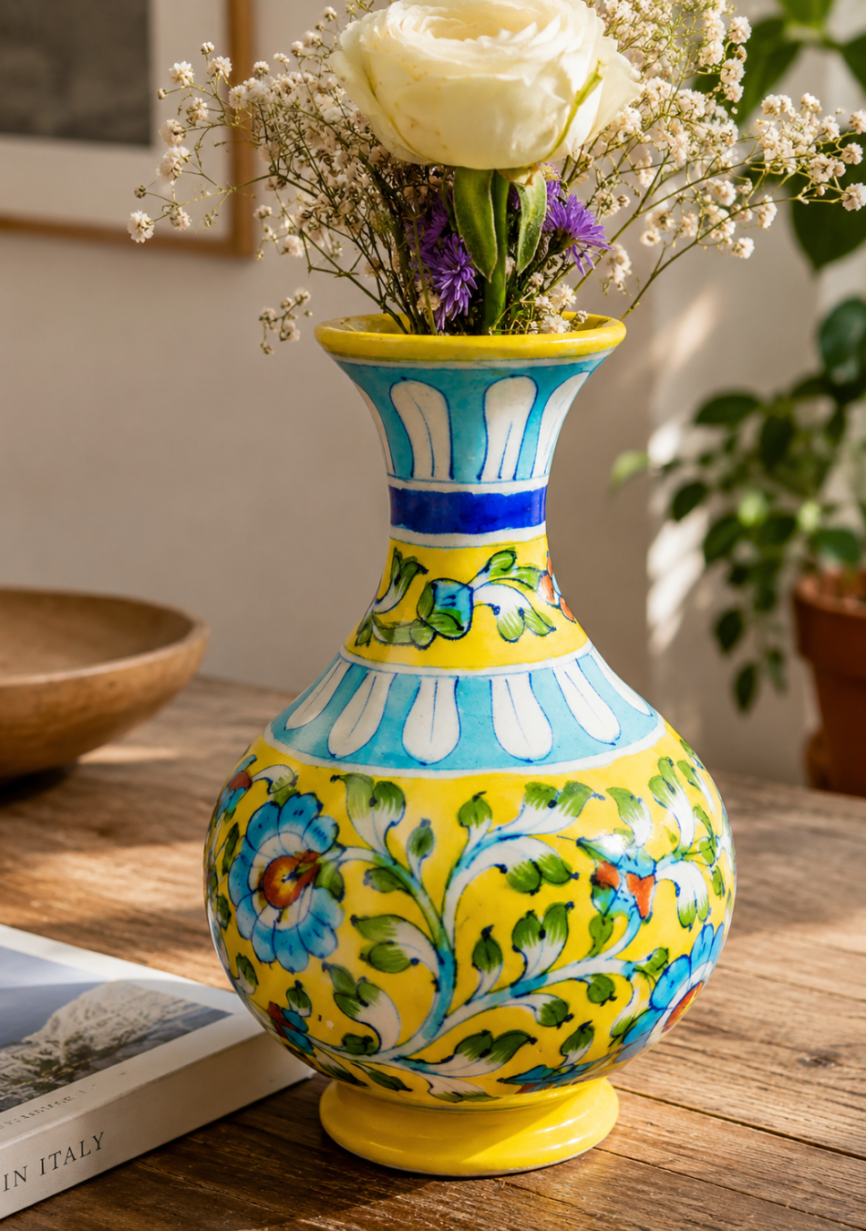 BLUE POTTERY YELLOW GENIE VASE