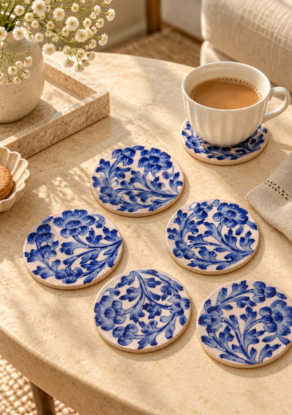 Aravalii Blue Pottery Bloom Coaster Set
