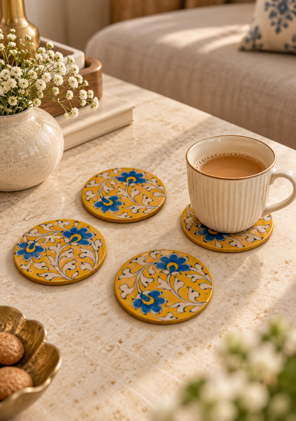 Aravalii Mustard Bloom Blue Pottery Coaster Set