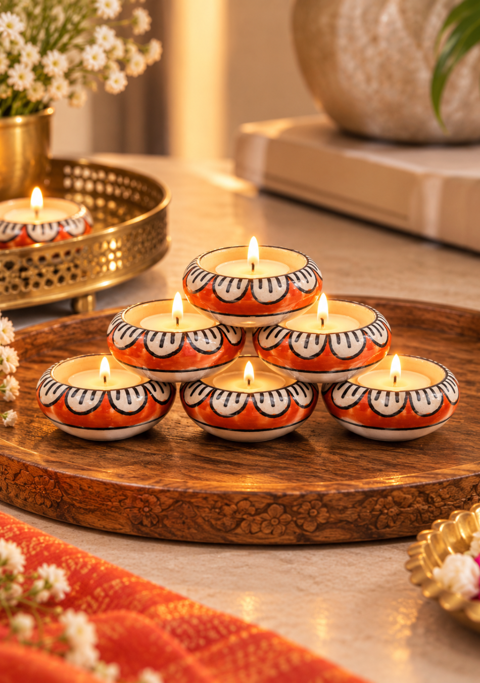Aravalii Red Petals Ceramic Tea Light Diya Set of 6