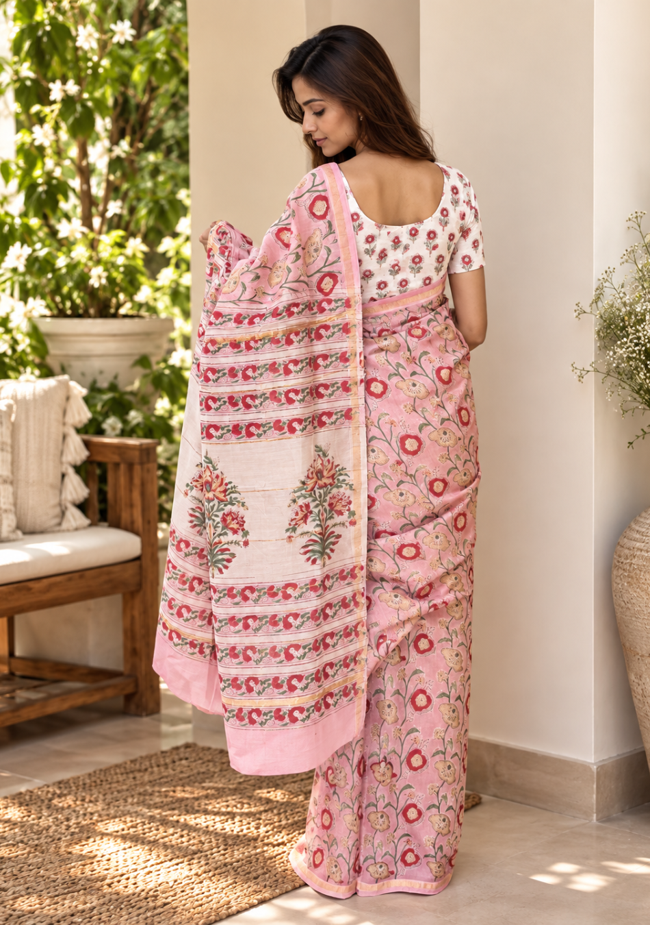 Pink Floral Chanderi Handblock Saree with Blouse Piece