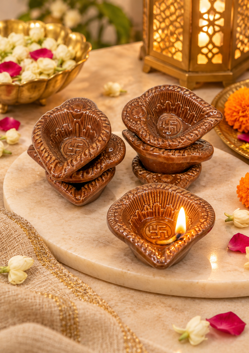 Brown Swastic Diya Set of 6
