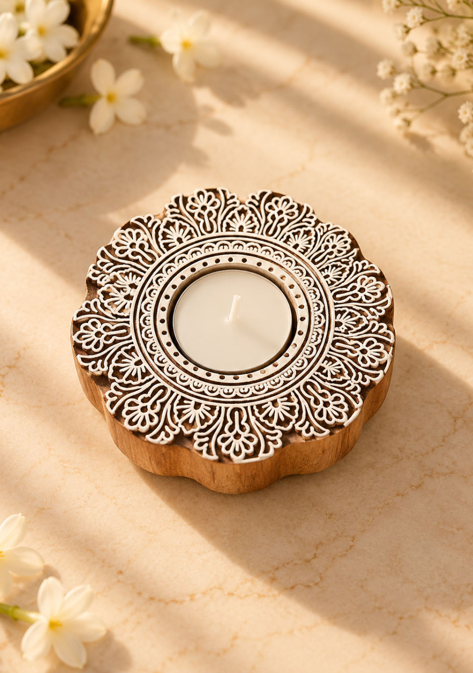 Flower Carved Wooden Diyas