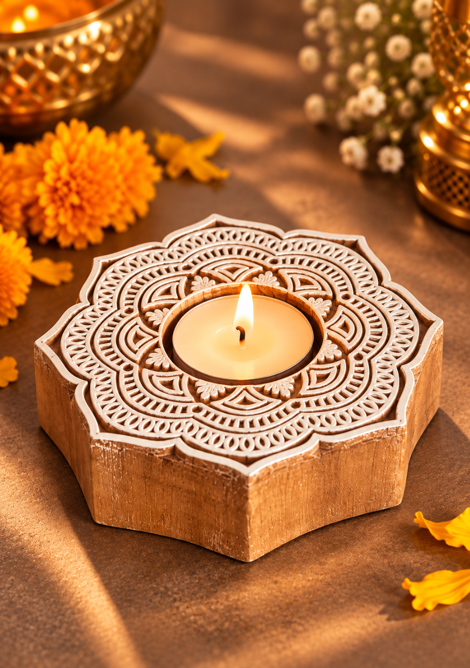 Handcrafted Flower Shape Wooden Diya