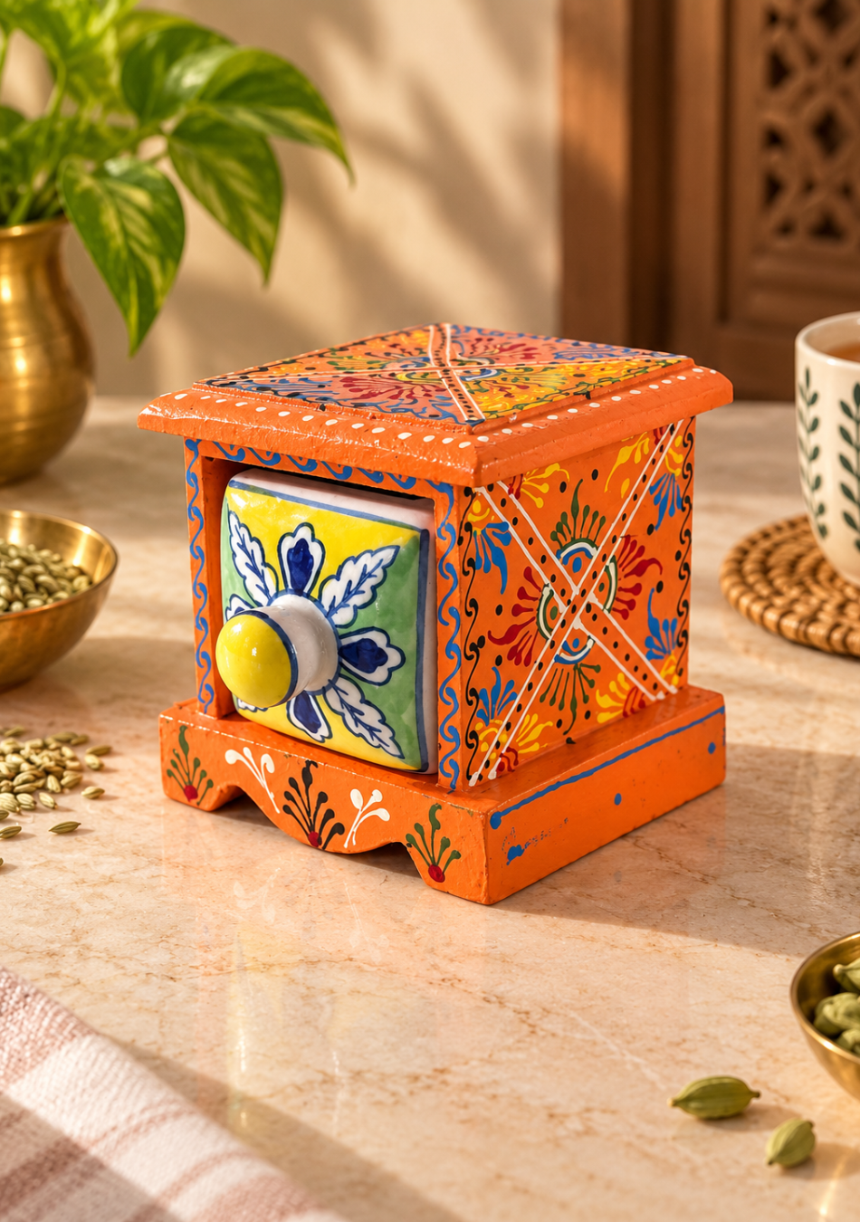 Aravalii Orange Rangoli Hand-Painted Drawer Chest