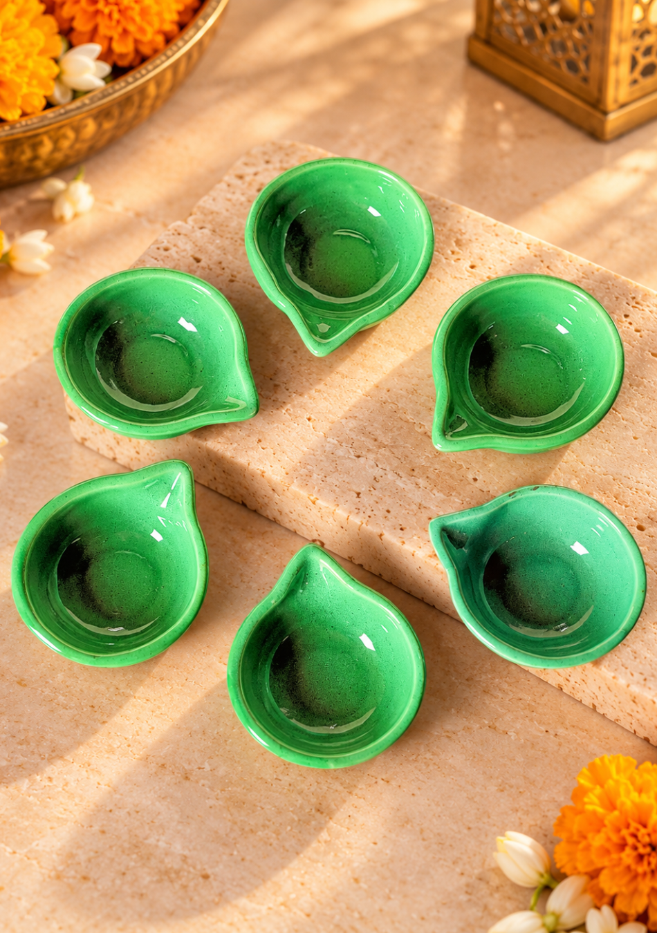 Green glazed diya set of 6