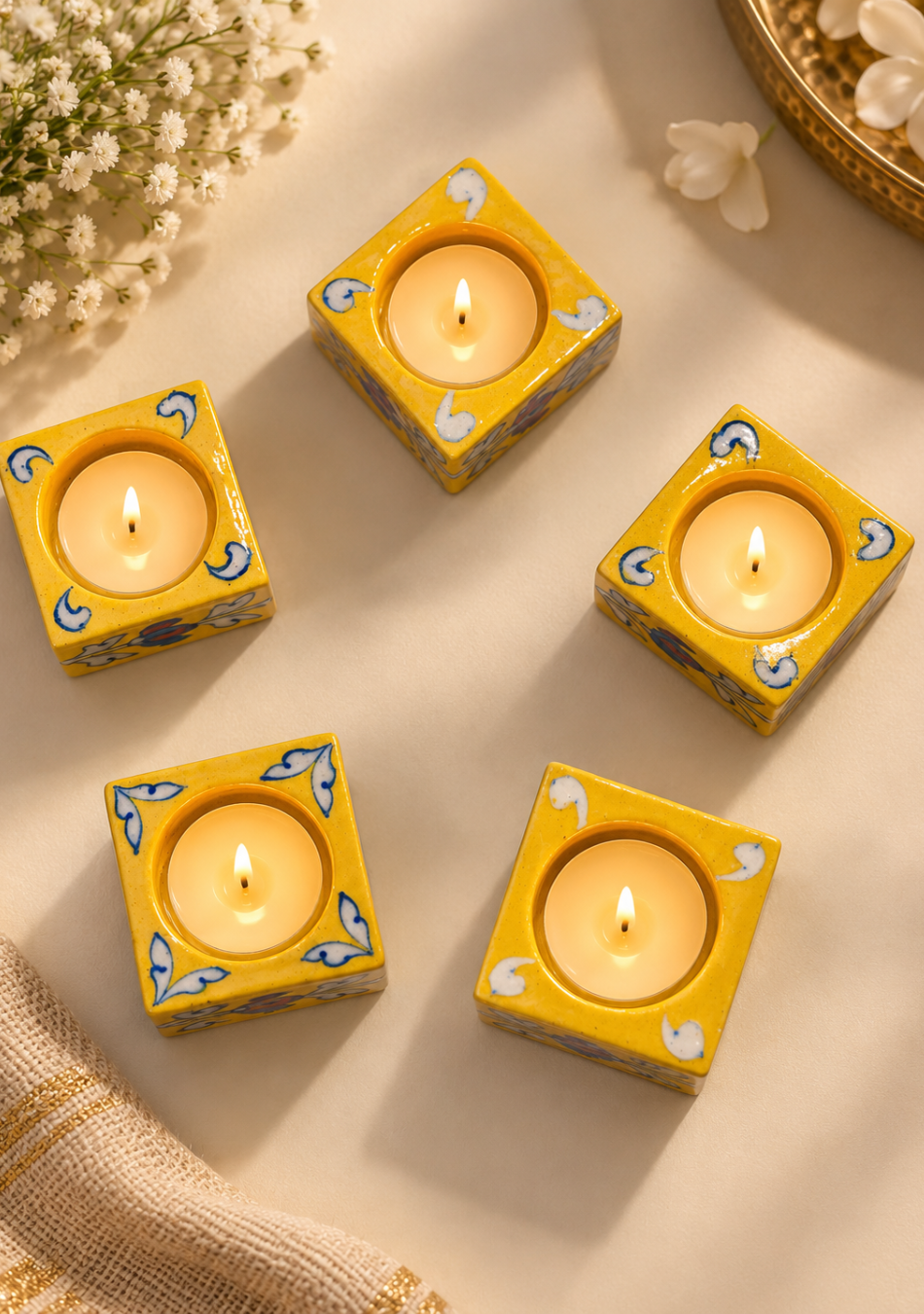 Blue Pottery Square Diyas - Set of 6
