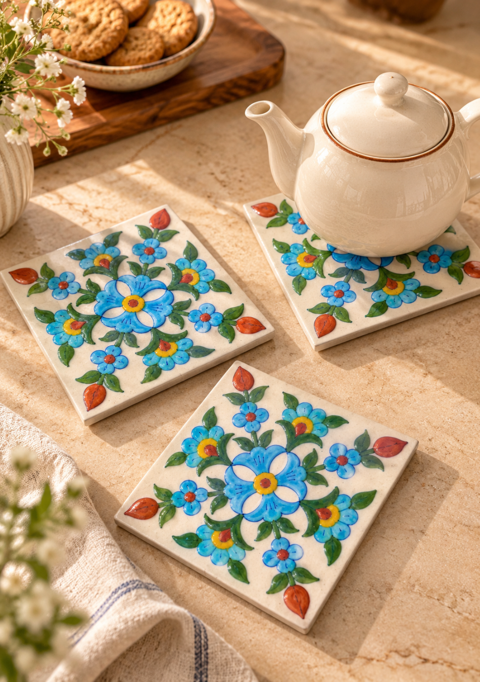 Aravalii Blue Blossom Embossed Hand-Painted Trivet
