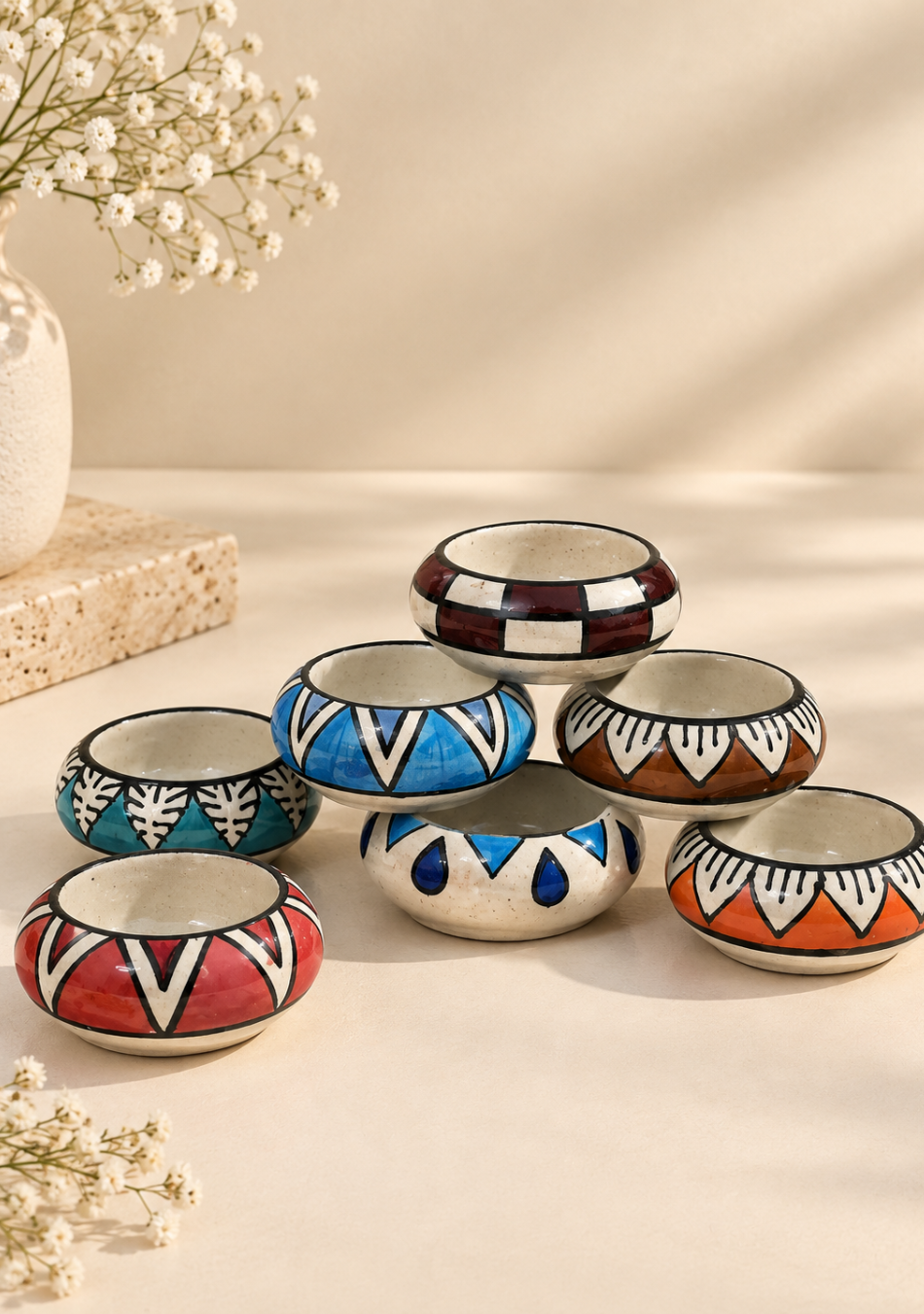 Blue Hand Painted assorted Diya - Set of 6