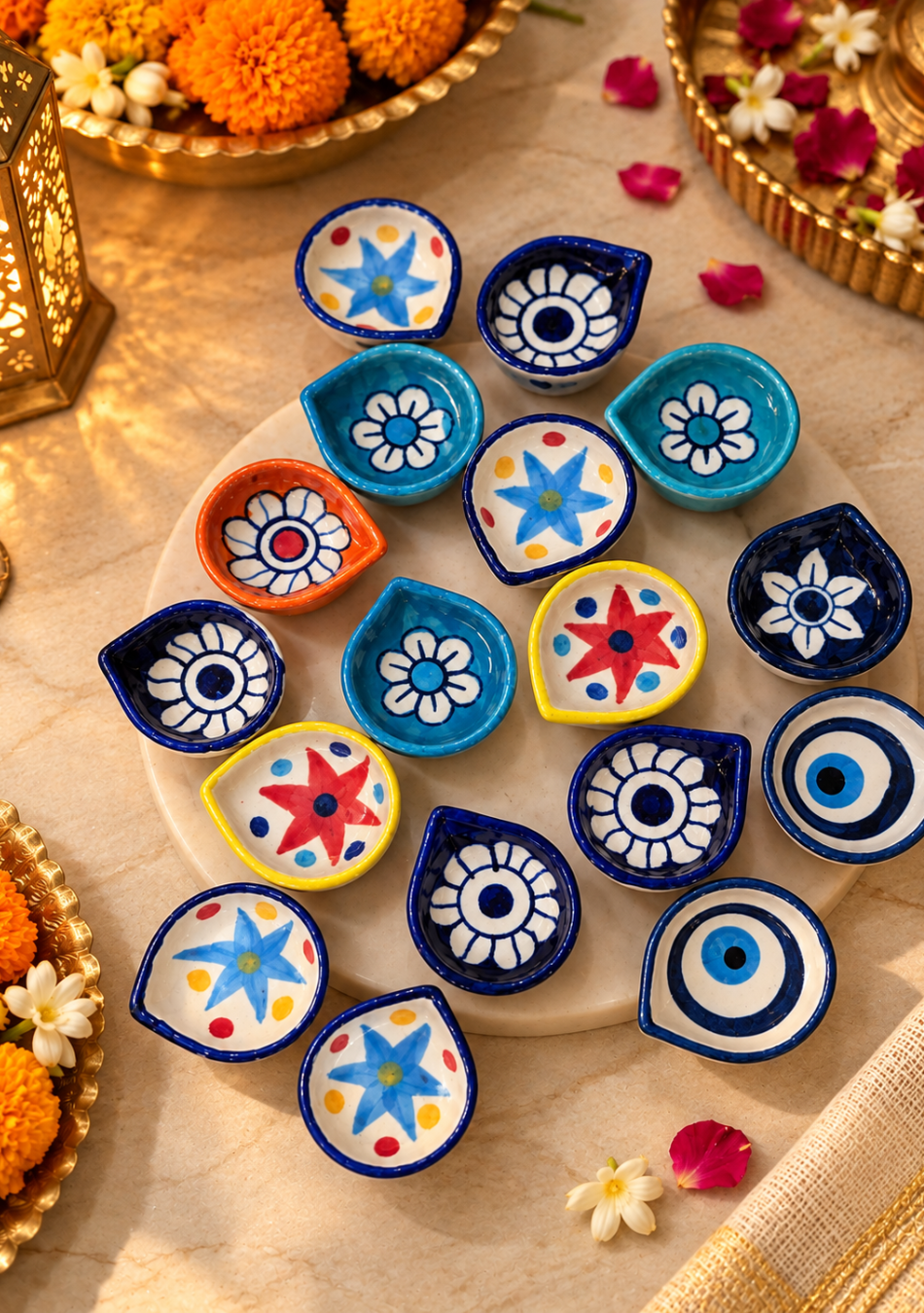 Aravalii Blue Pottery Assorted Rangoli Hand-Painted Diya - Set of 6