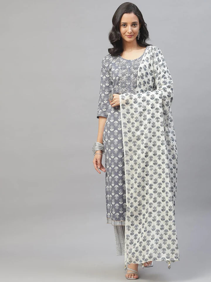 Grey and White Floral Printed Kurta Pant Set with Dupatta