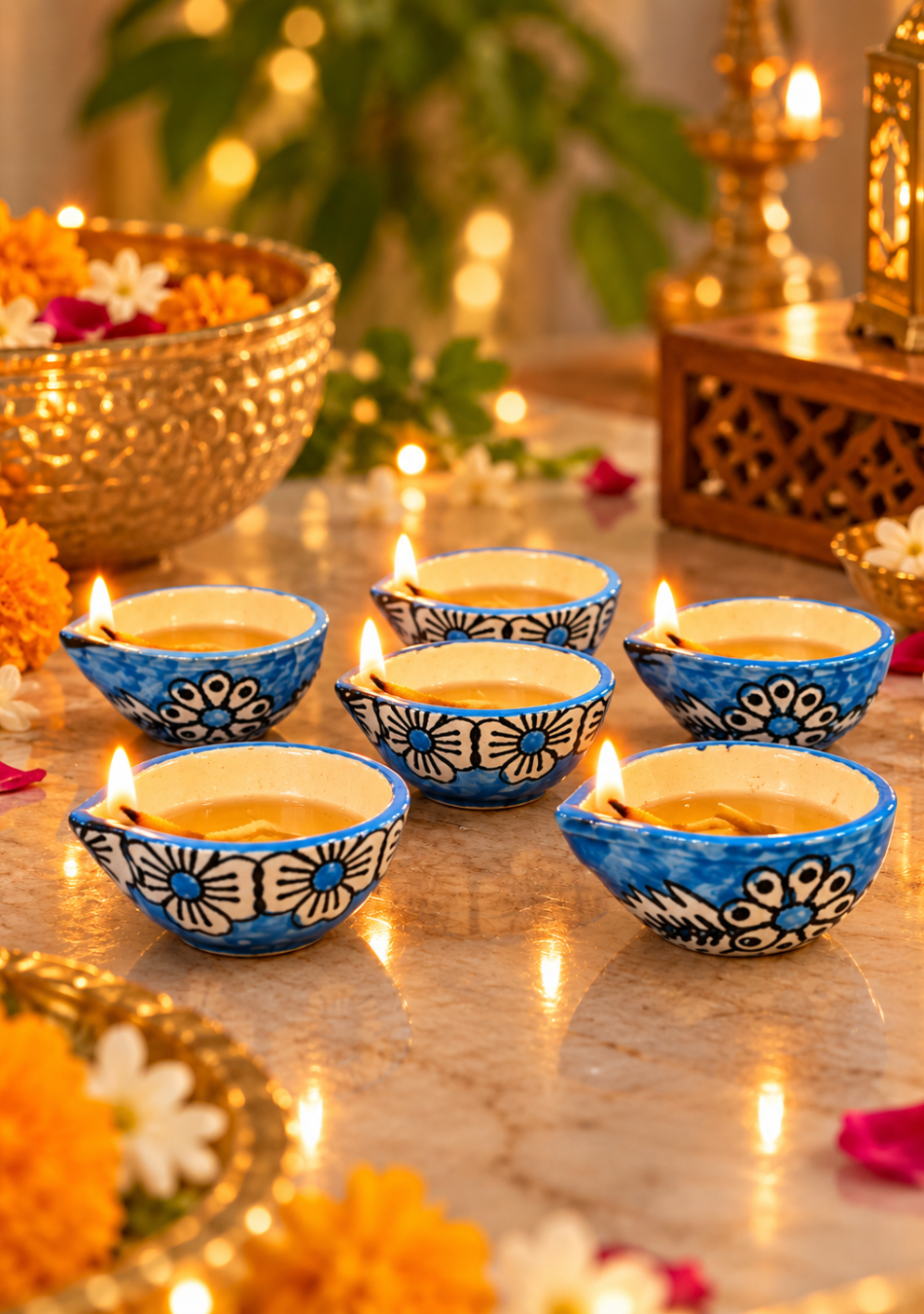 Sky Blue blossom Diya - set of 6