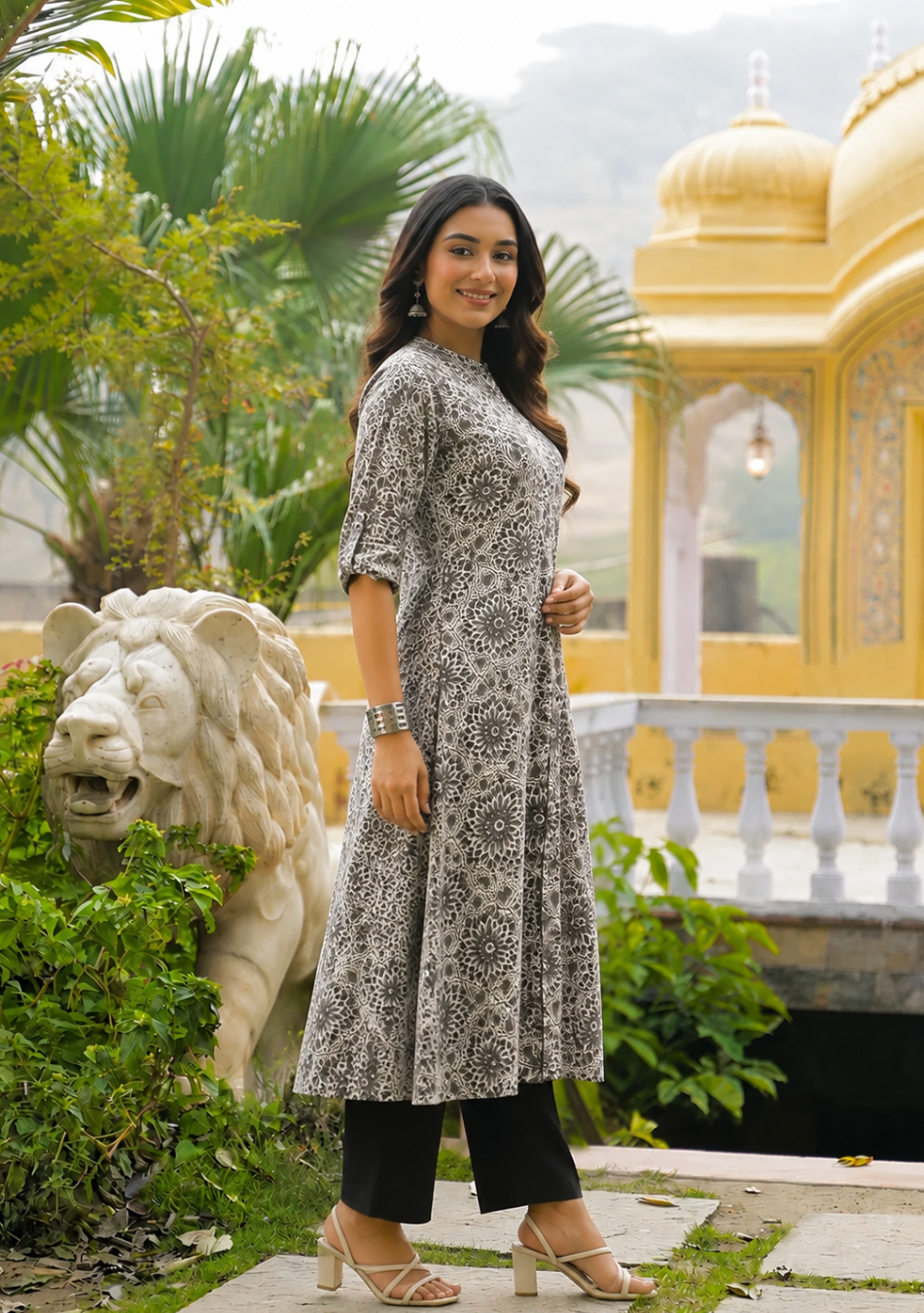 Aravalii Charcoal Floral A-Line Kurta