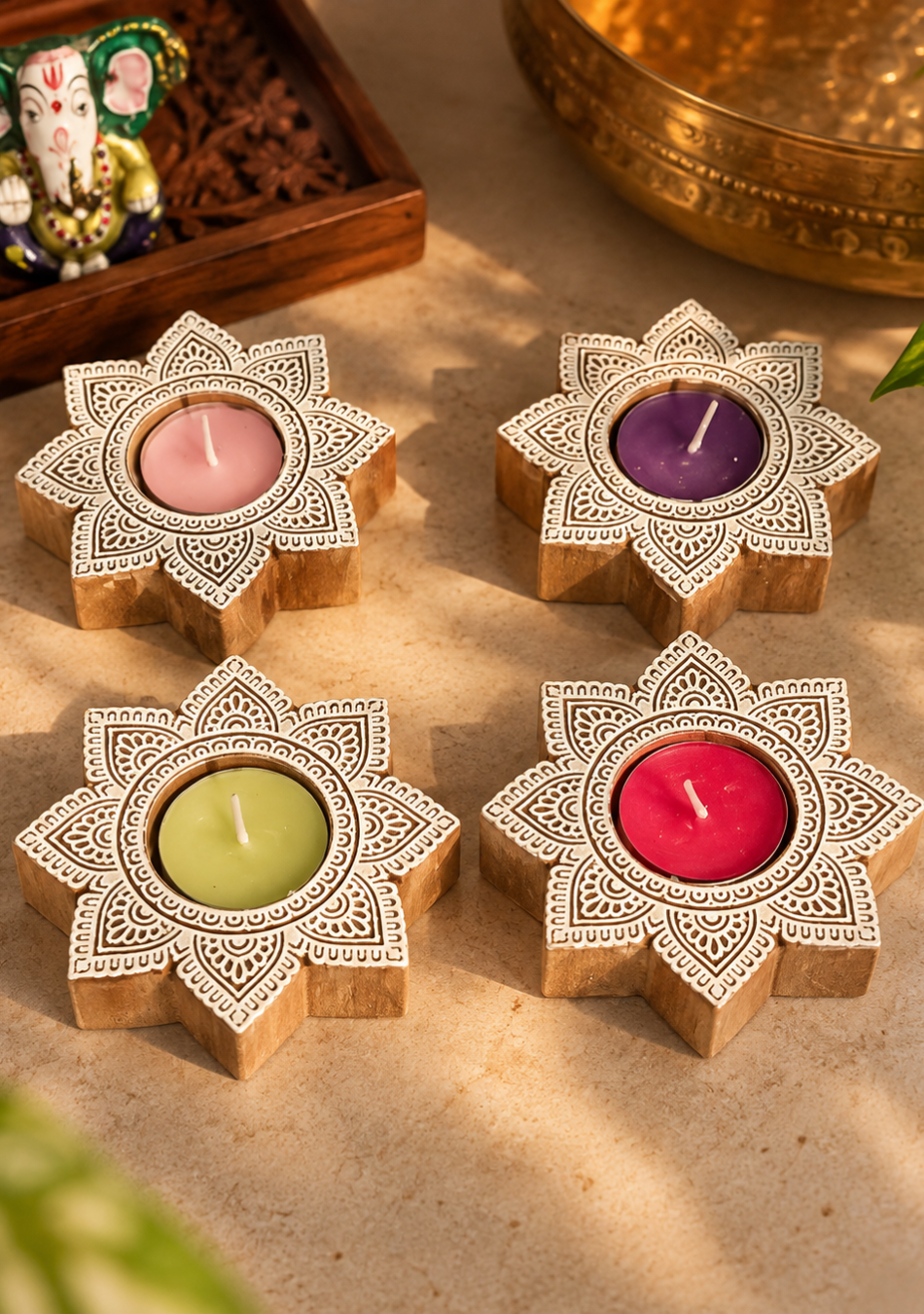 Star Carved Wood Tealight - Set of 4