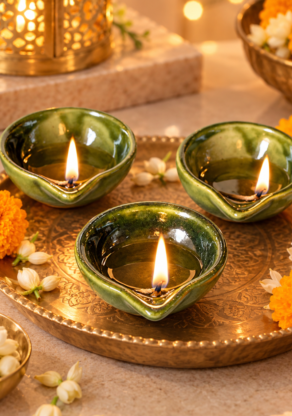 Sage Bloom Glazed Diya set of 6