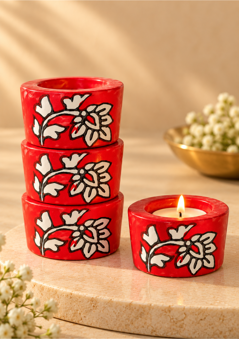 Aravalii Crimson Flora Hand-Painted Diya Set