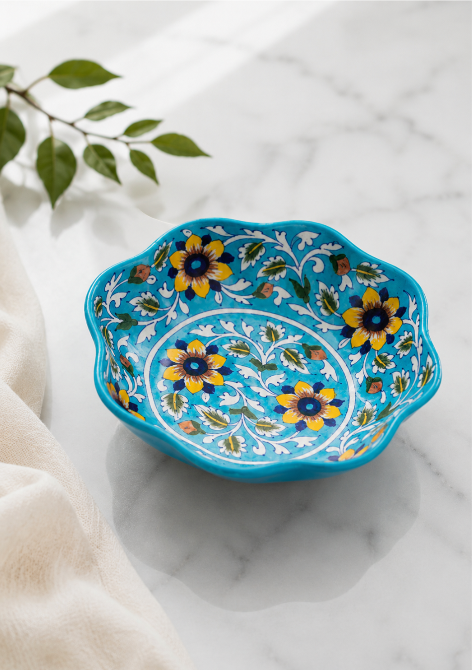 Yellow Flower Pattern Lotus Shaped Sky Blue Bowl