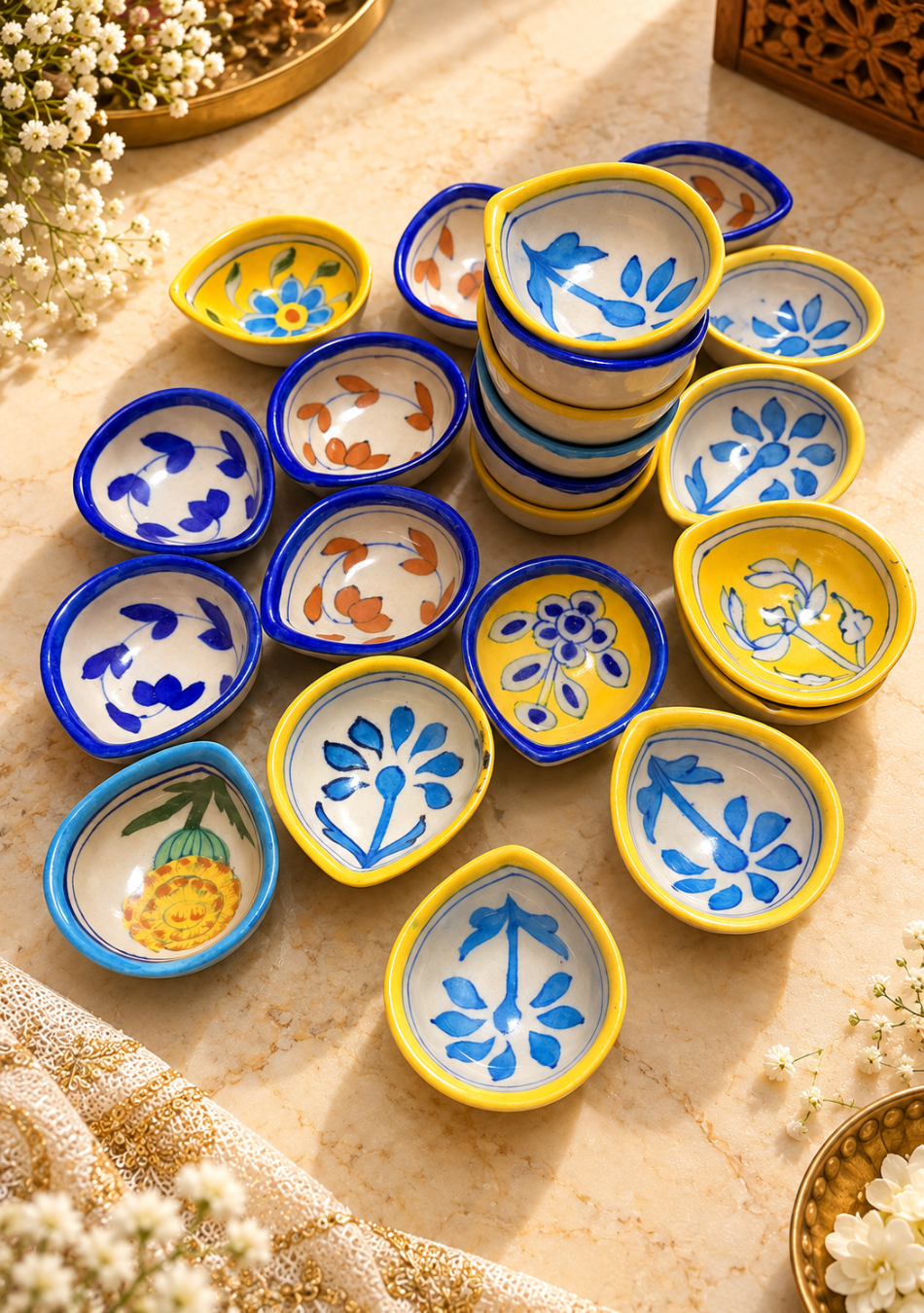 Aravalii Blue Pottery Assorted Rangoli Hand-Painted Diya - Set of 6