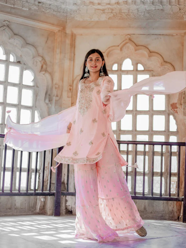 Women Pink Yoke Design Zardozi Chanderi Silk Kurta with Sharara & With Dupatta
