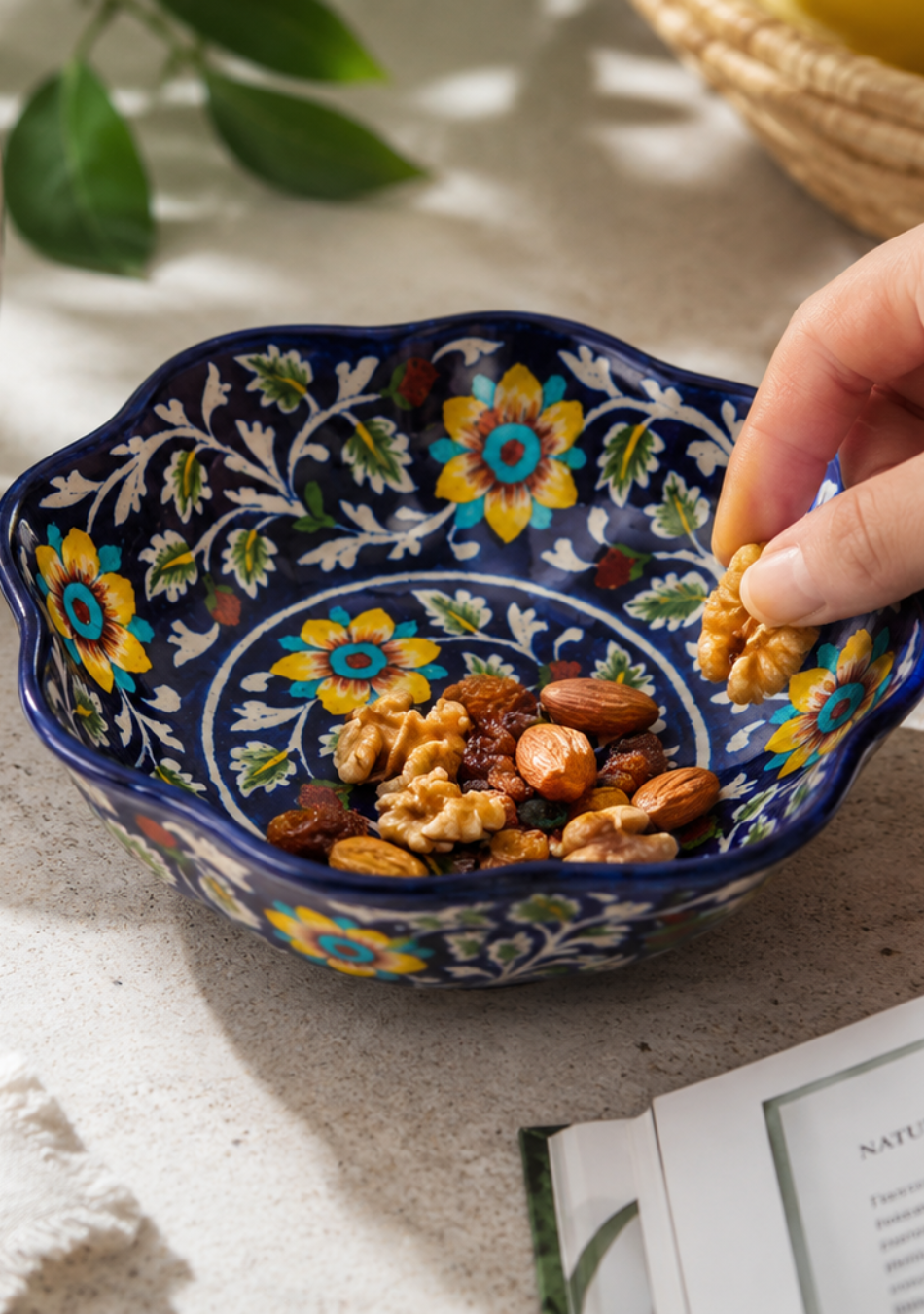 Yellow Flower Pattern Lotus Shaped Dark Blue Bowl