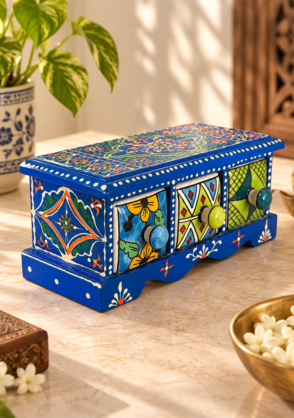 Aravalii Royal Indigo Heritage 3-Drawer Chest