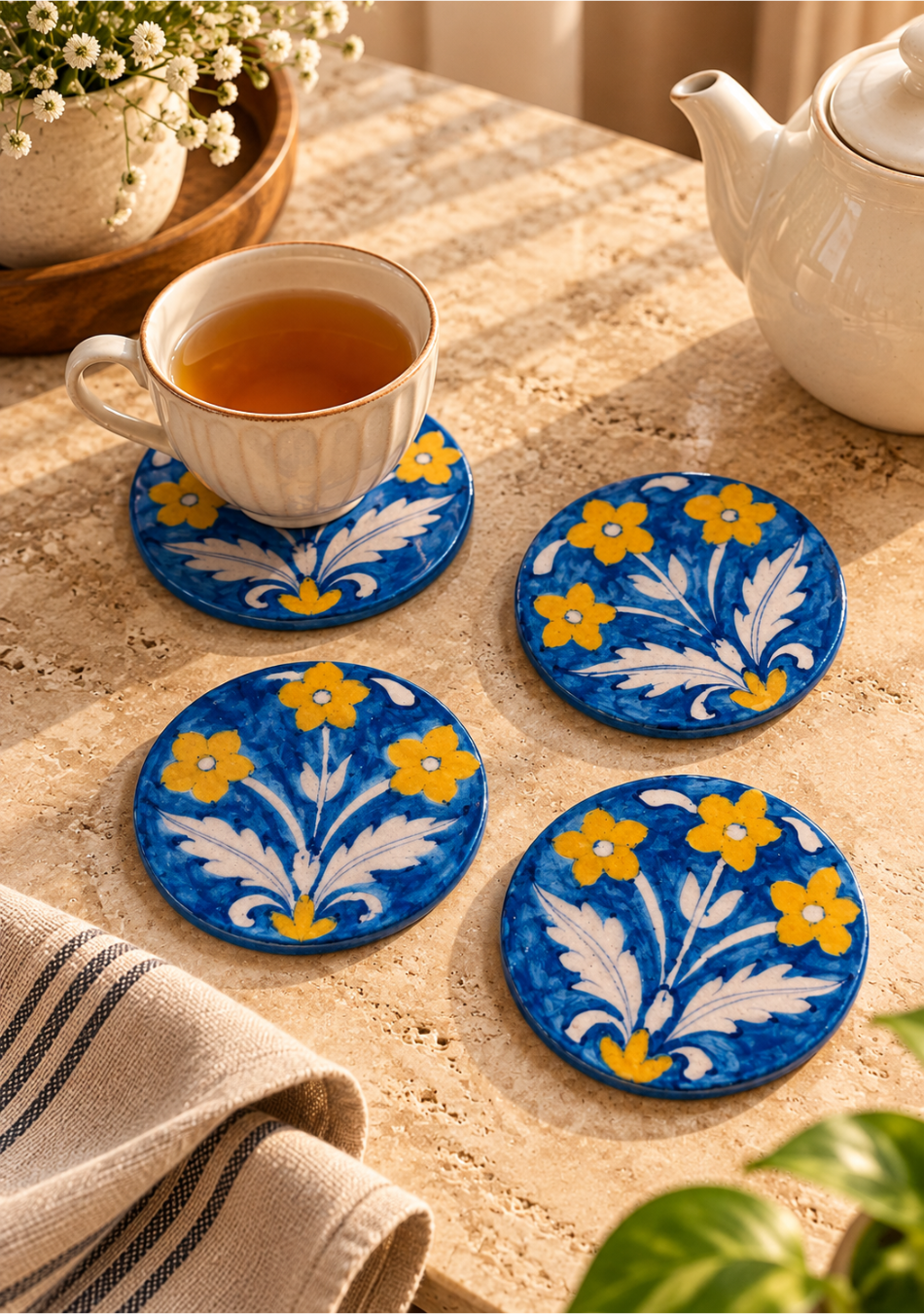 Aravalii Blue &amp; Golden Floral Coaster