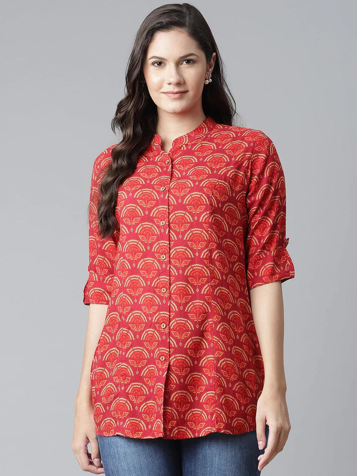 Rayon Maroon Printed Shirt style A-line Top
