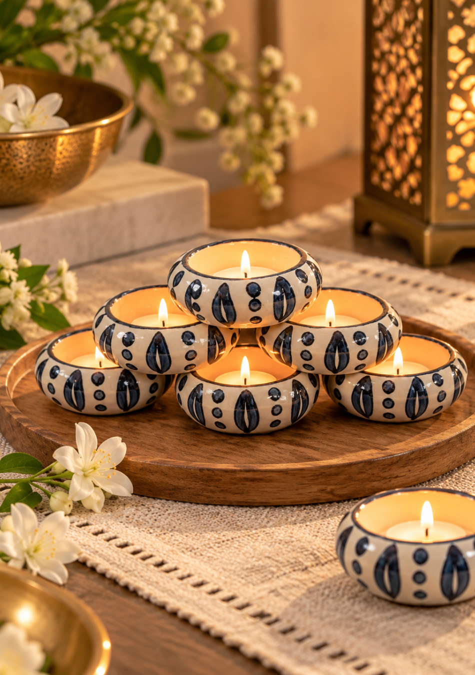 Aravalii Blue Motif Hand-Painted Diya Set of 6