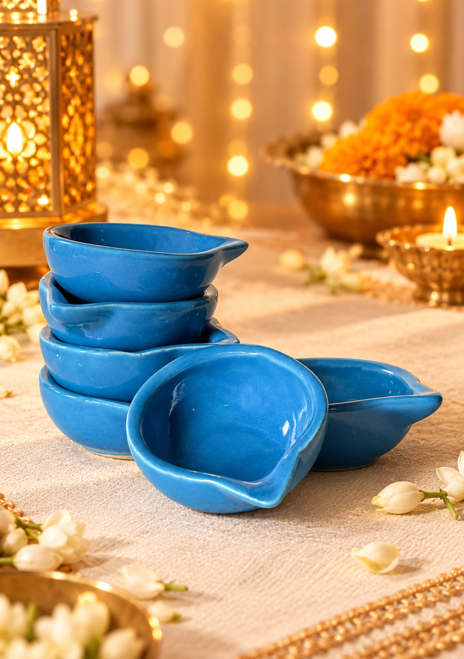Blue glazed diya set of 6