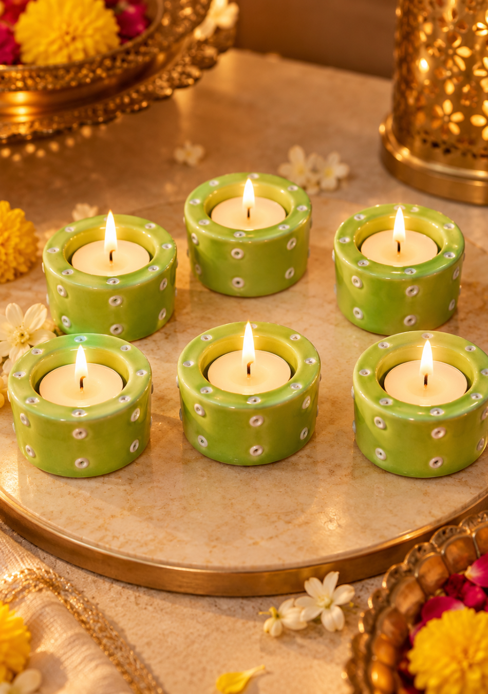 Aravalii Lime Glow Handcrafted Ceramic Tealight Holder Set of 6