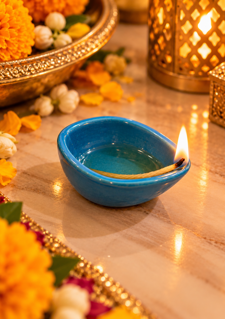 Aravalii Azure Teardrop Glow Ceramic Diya