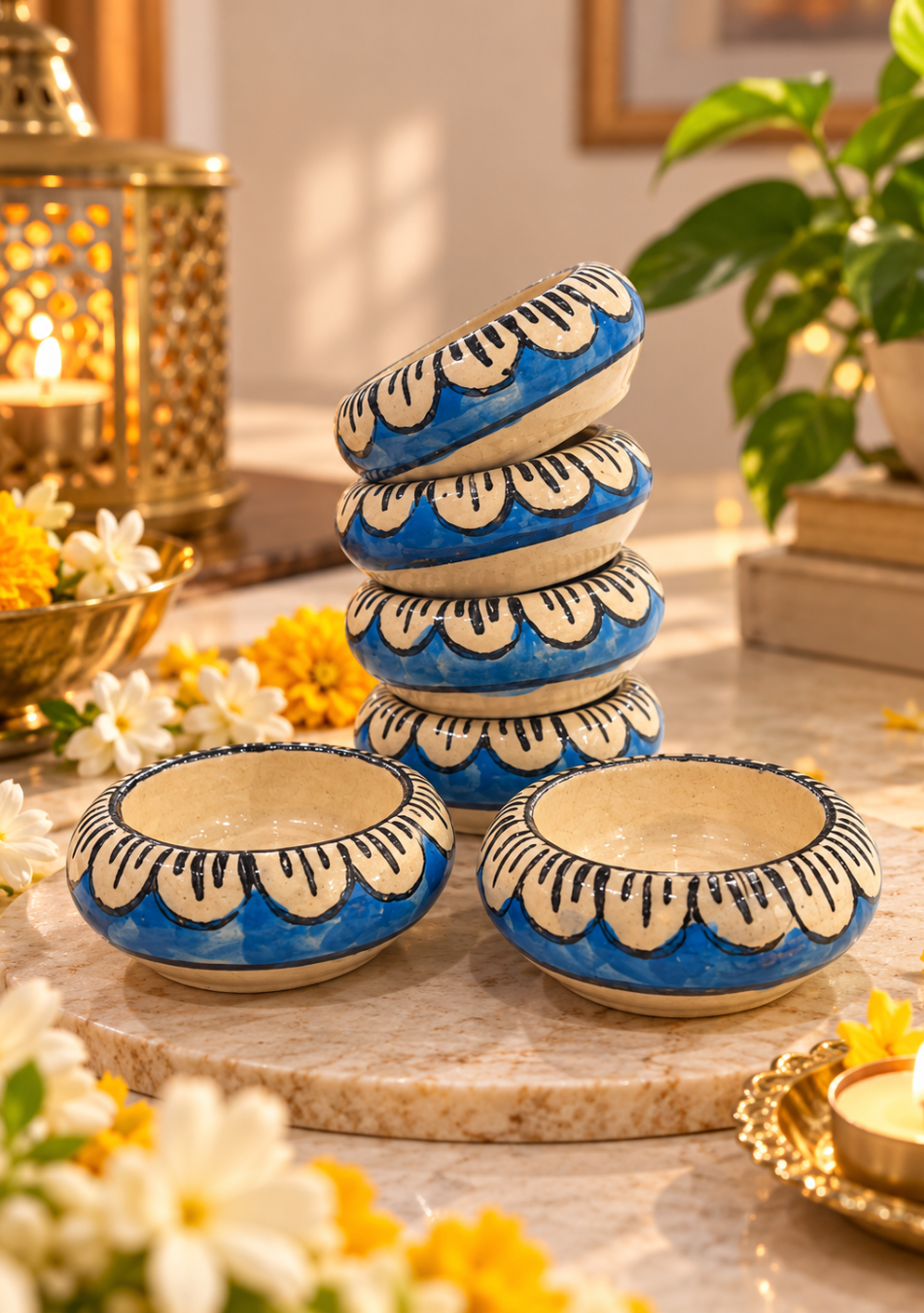 Aravalii Ocean Bloom Handcrafted Diya Set of 6