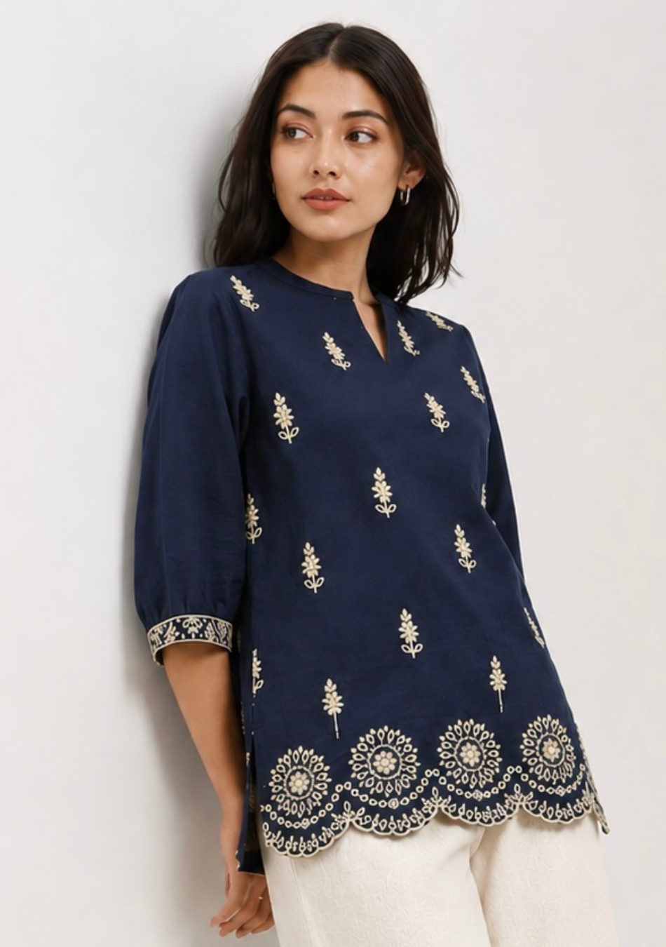 Black Scallop Hem Embroidered Top