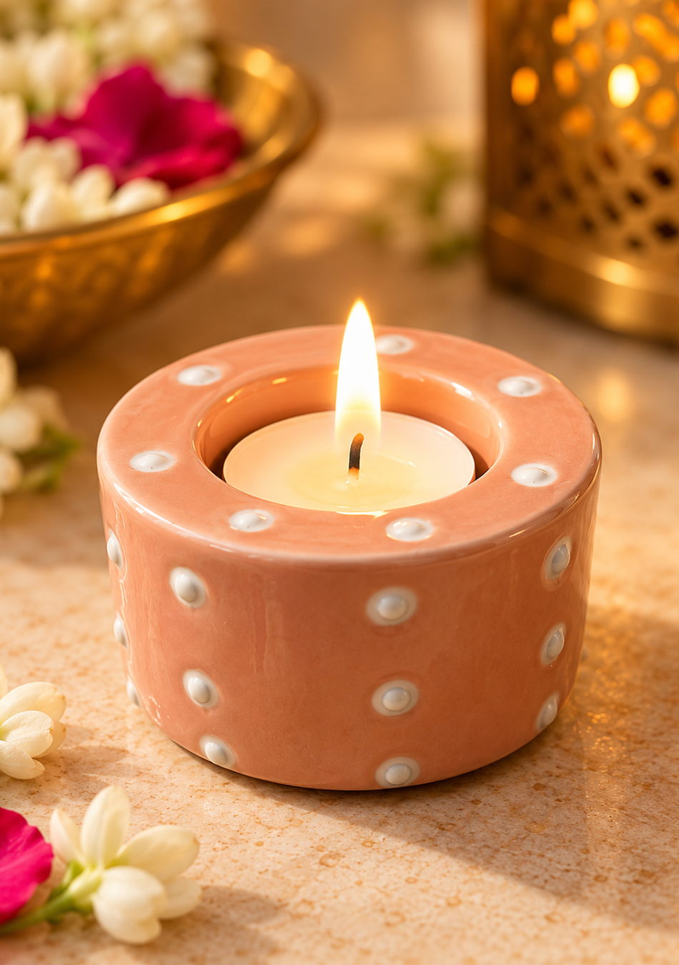 Aravalii Peach Dot Tea Light Diya Set of 6