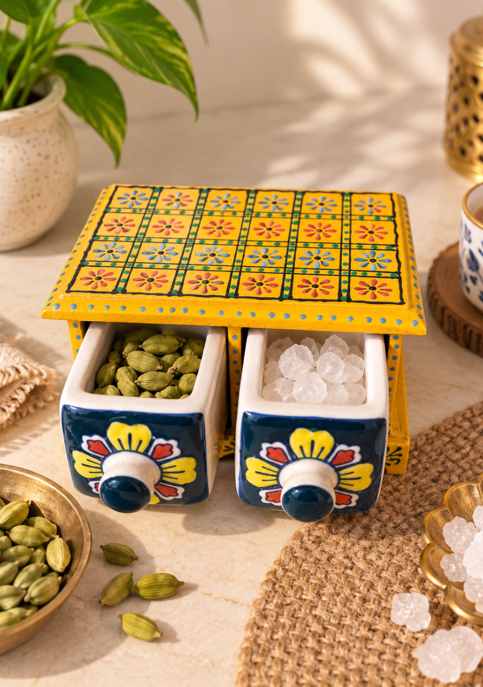 Aravalii Yellow Rangoli 2-Drawer Condiment Chest