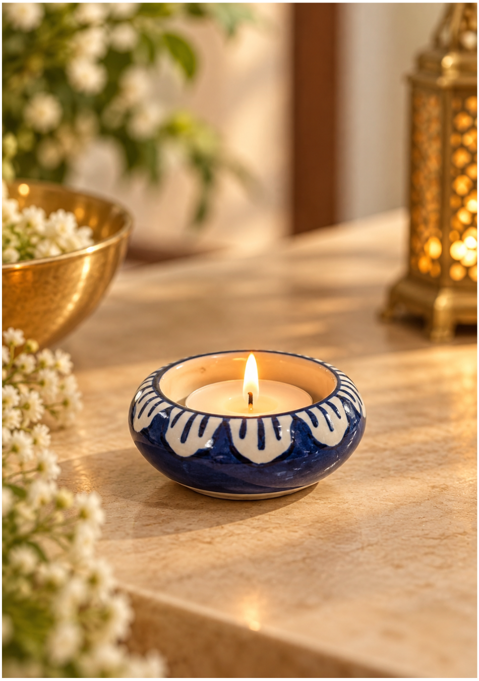 Aravalii Navy Petals Ceramic Tea Light Diya Set of 6