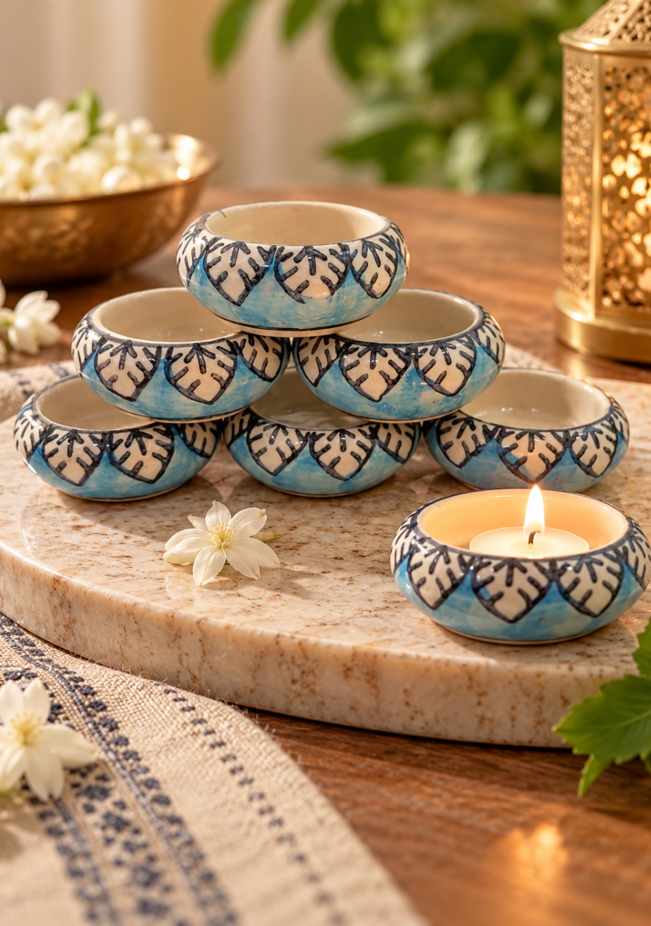 Aravalii Blue Petals Ceramic Tea Light Diya Set of 6