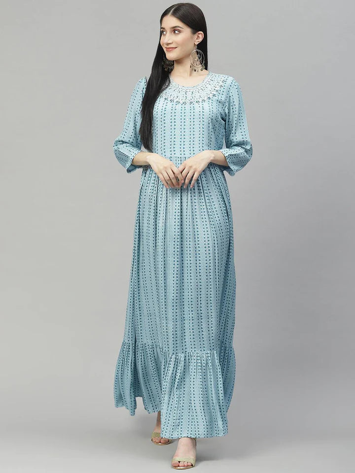 Blue Muslin Flared Gown