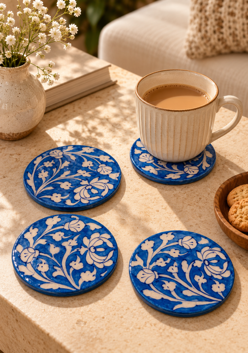 Aravalii Blue Blossom Hand-Painted Pottery Coaster