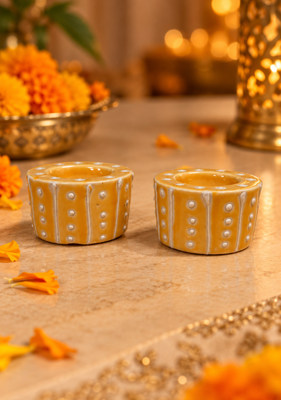 Aravalii Golden Aura Handcrafted Ceramic Tealight Diya Set of 6