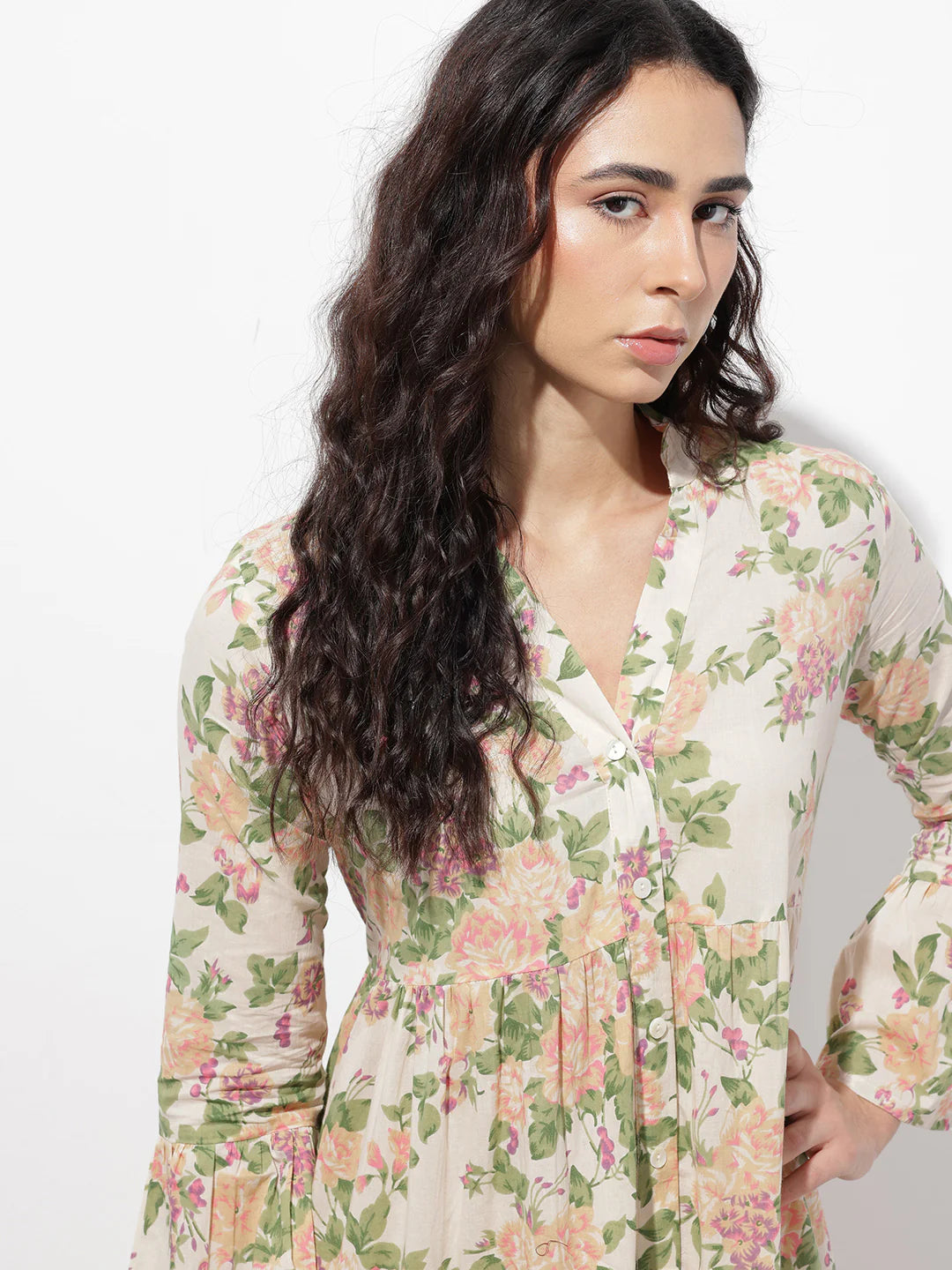 Aravalii Cream Mandarin Coller Floral Print Cotton Midi Dress