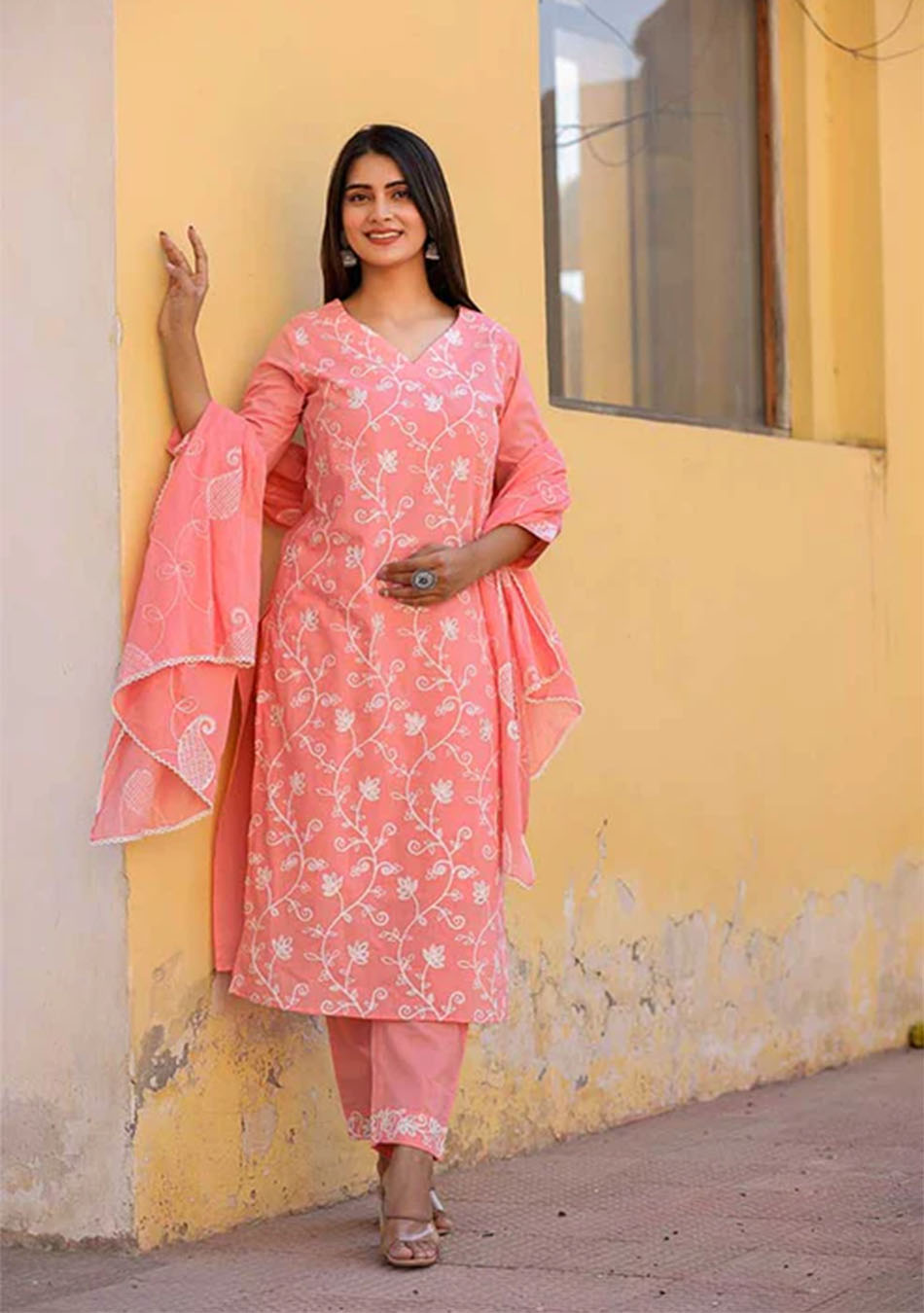 Salmon White Aari Work Suit