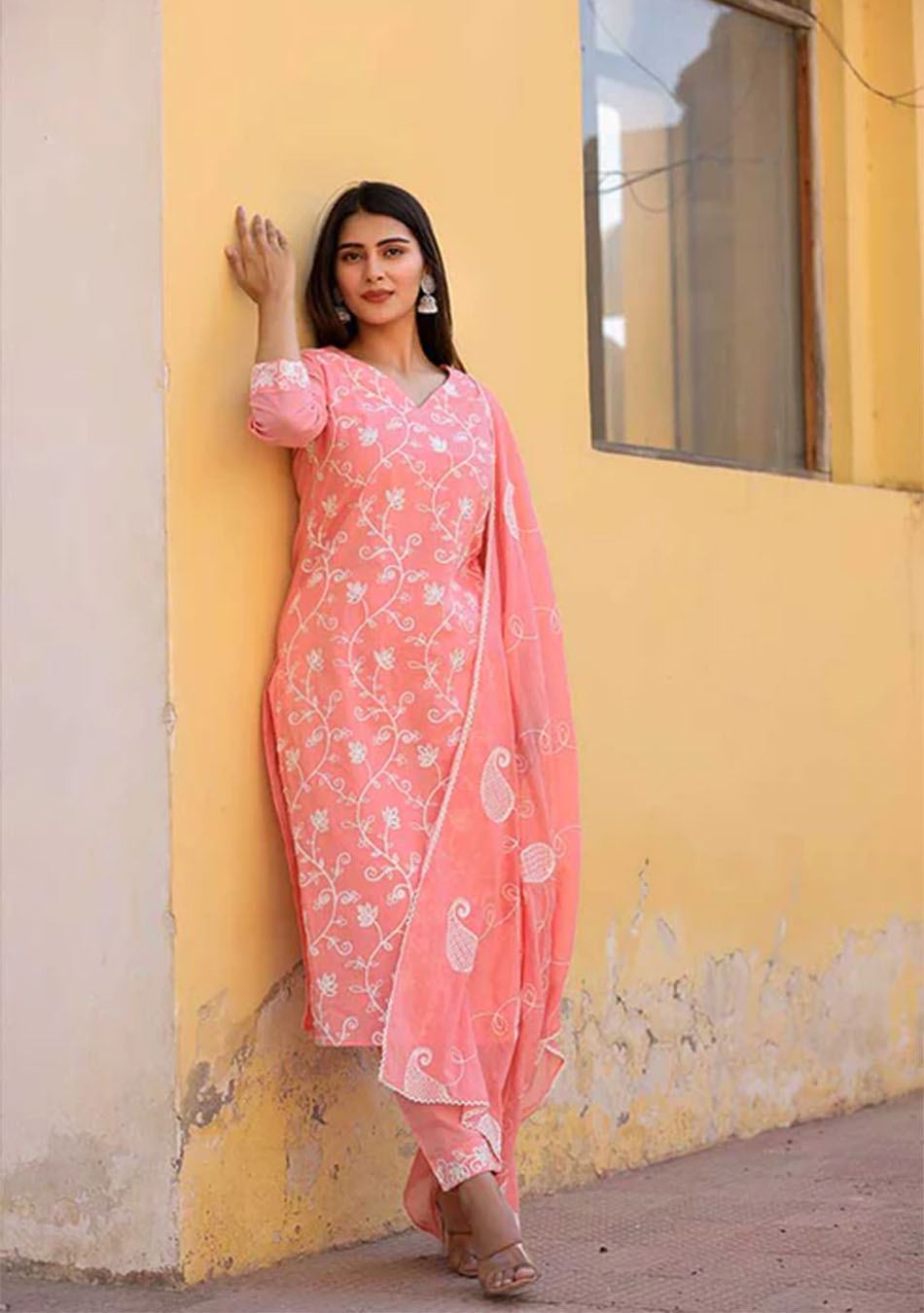 Salmon White Aari Work Suit