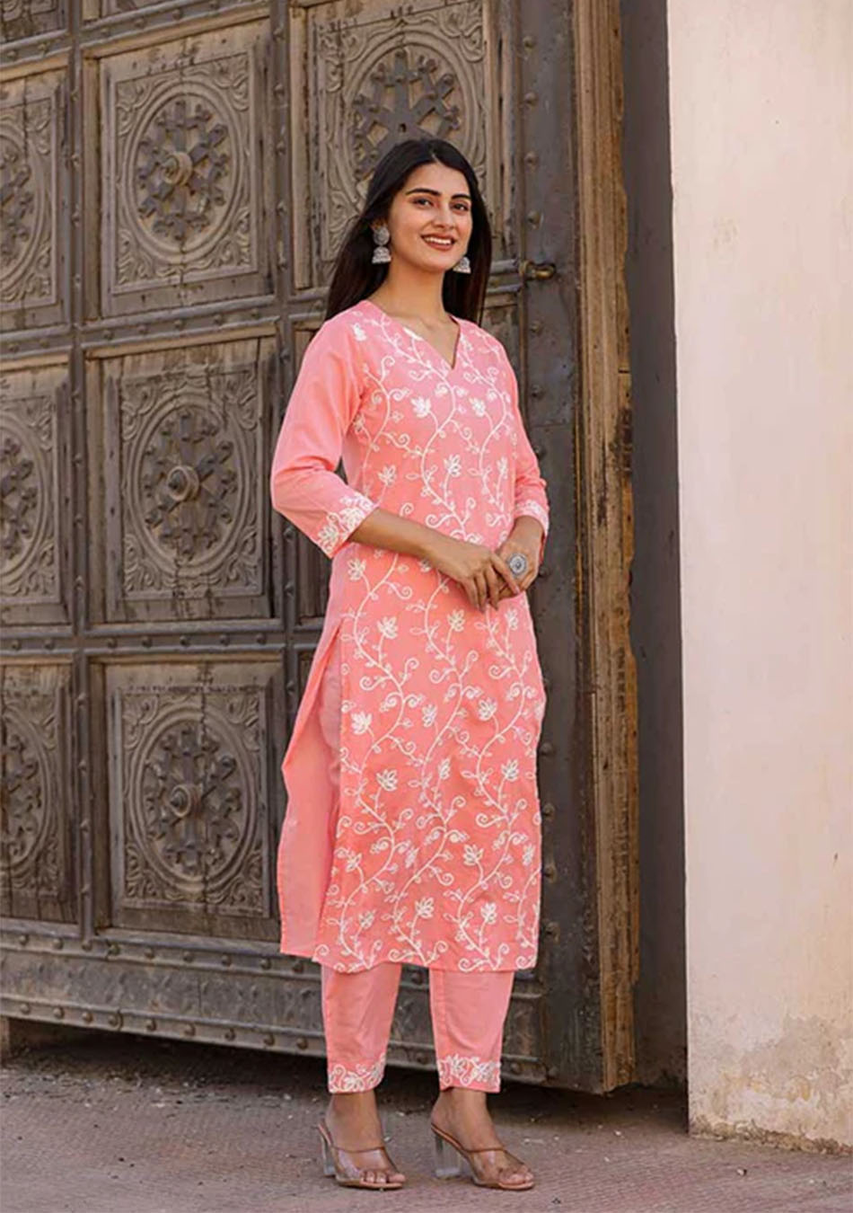 Salmon White Aari Work Suit