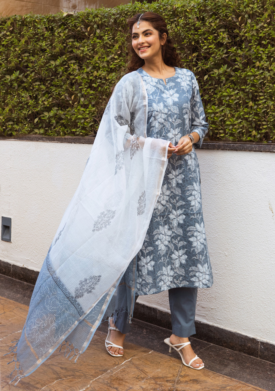SMOKEY TEAL SUIT SET WITH KOTA DUPATTA