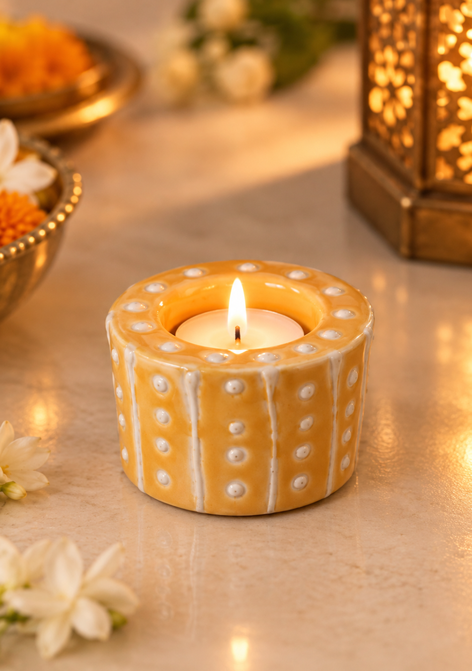 Aravalii Golden Aura Handcrafted Ceramic Tealight Diya Set of 6