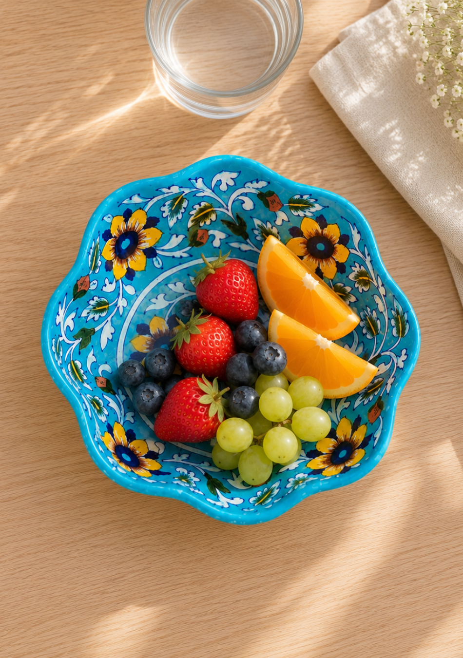 Yellow Flower Pattern Lotus Shaped Sky Blue Bowl