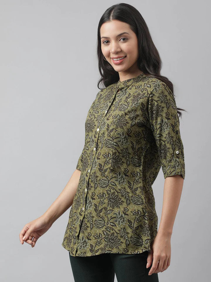 Olive Green Floral Printed Rayon A-line Shirt Style Top