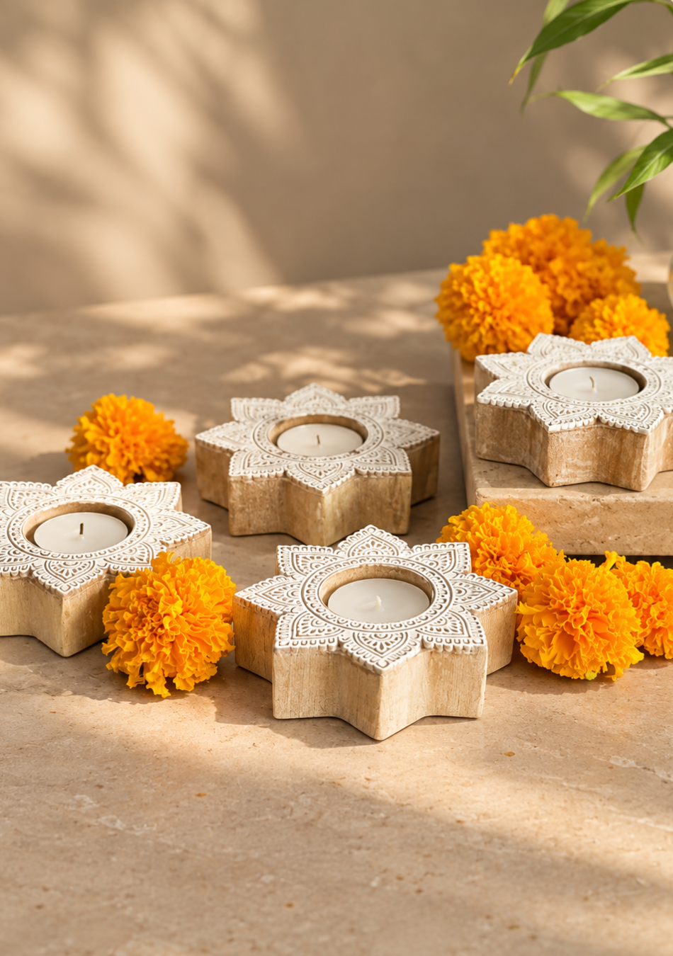 Star Carved Wood Tealight - Set of 4