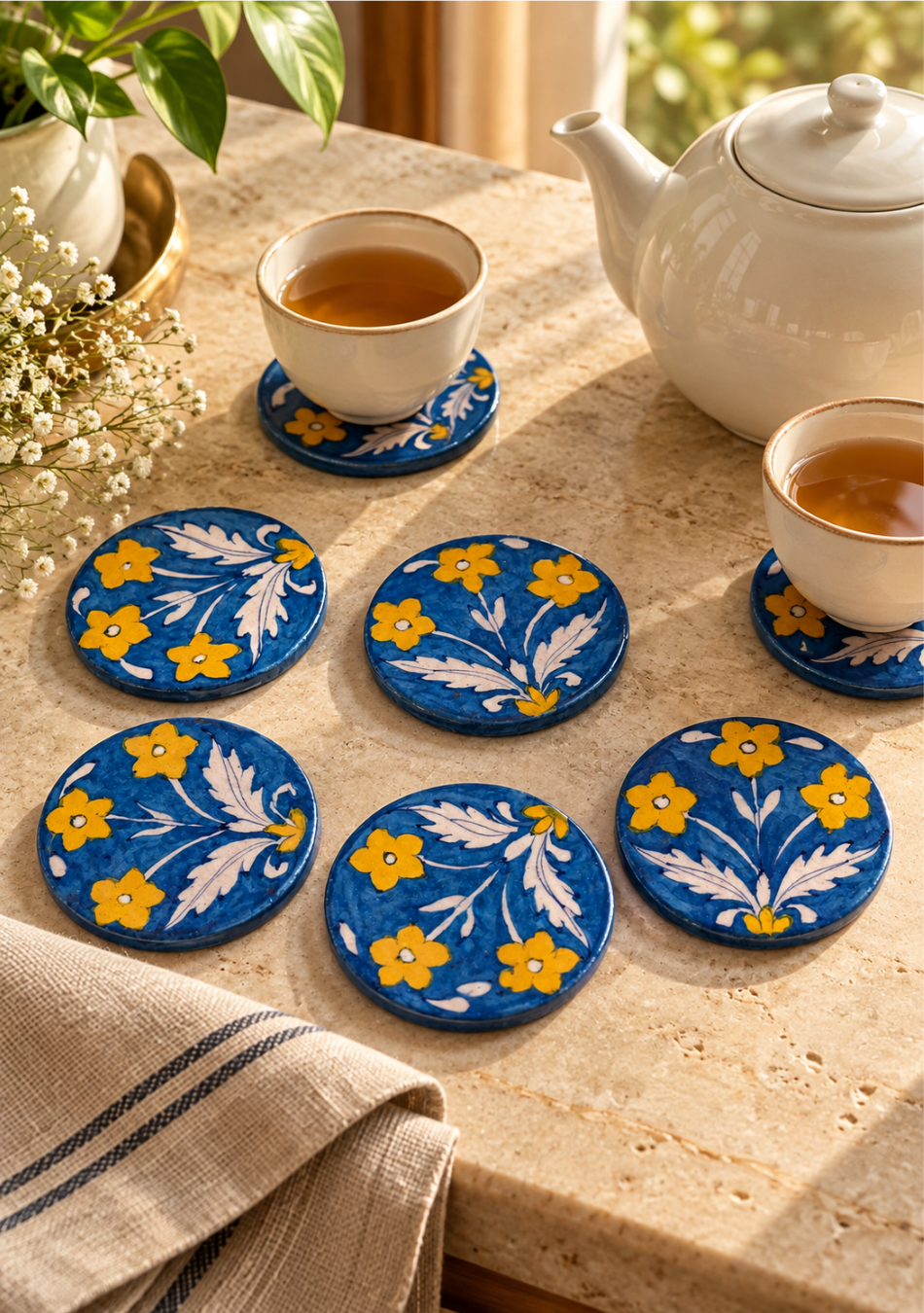 Aravalii Blue &amp; Golden Floral Coaster